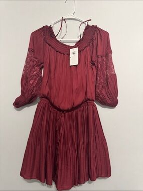 Womans Burgundy Lace-Sleeve Peasant Dress